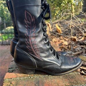 Black Lace-Up Western Boot with Red Stitching